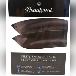 2 Pc Beautyrest STANDARD Satin Pillowcases BLACK Silky Therapeutic Hair Skin NEW